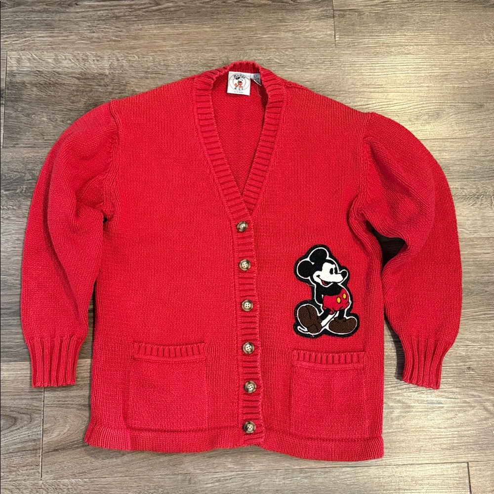 Vintage Disney Mickey Mouse Kids Preppy Red Cardigan Size L